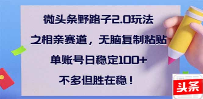 微头条野路子2.0玩法之相亲赛道，无脑搬砖复制粘贴，单账号日稳定300+…-云源网创