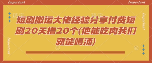 短剧搬运大佬经验分享付费短剧20天撸20个(他能吃肉我们就能喝汤)-云源网创